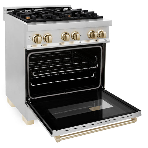 Dual fuel range with open oven door, gold knobs, and stovetop burners