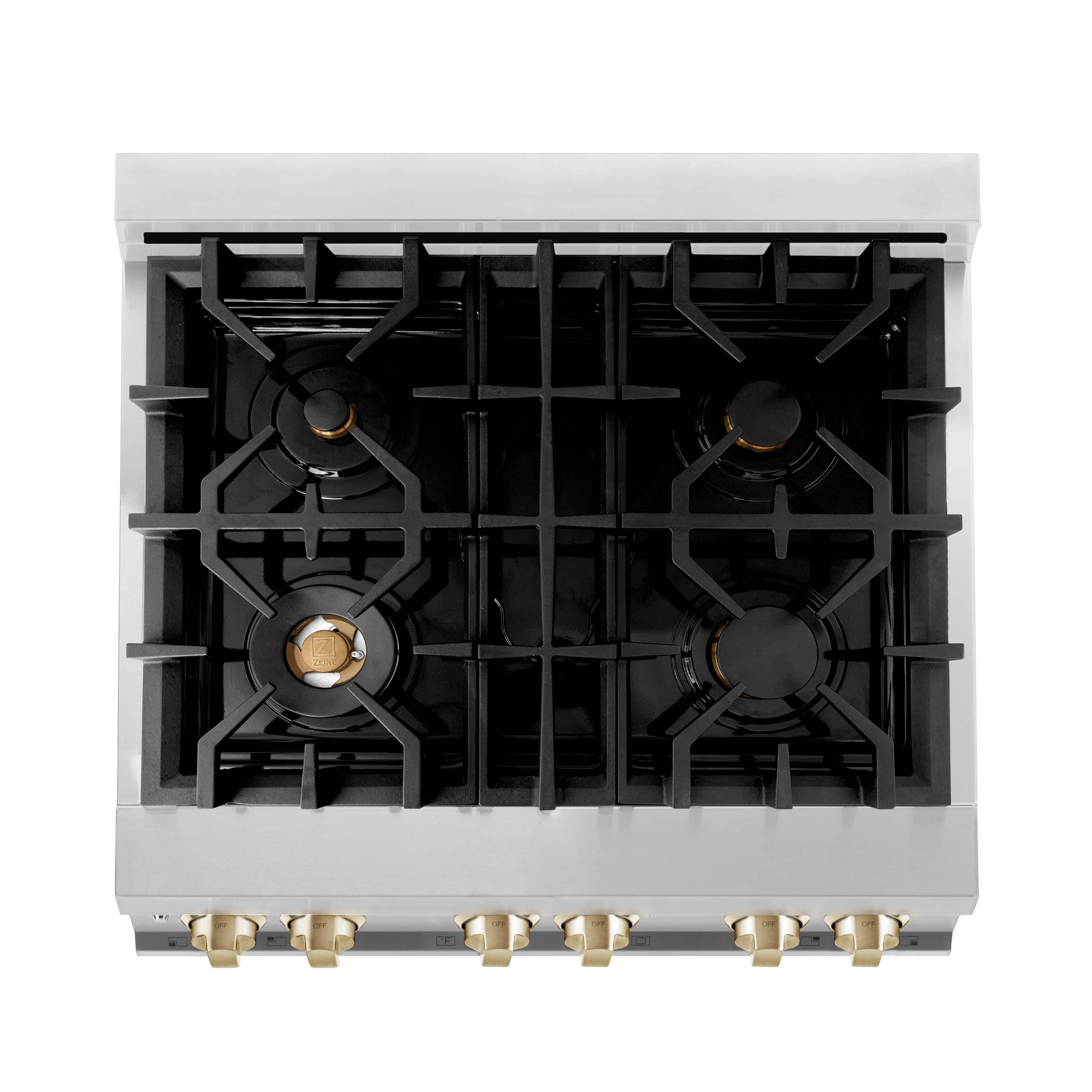 Stainless gas cooktop with four burners and black cast-iron grates