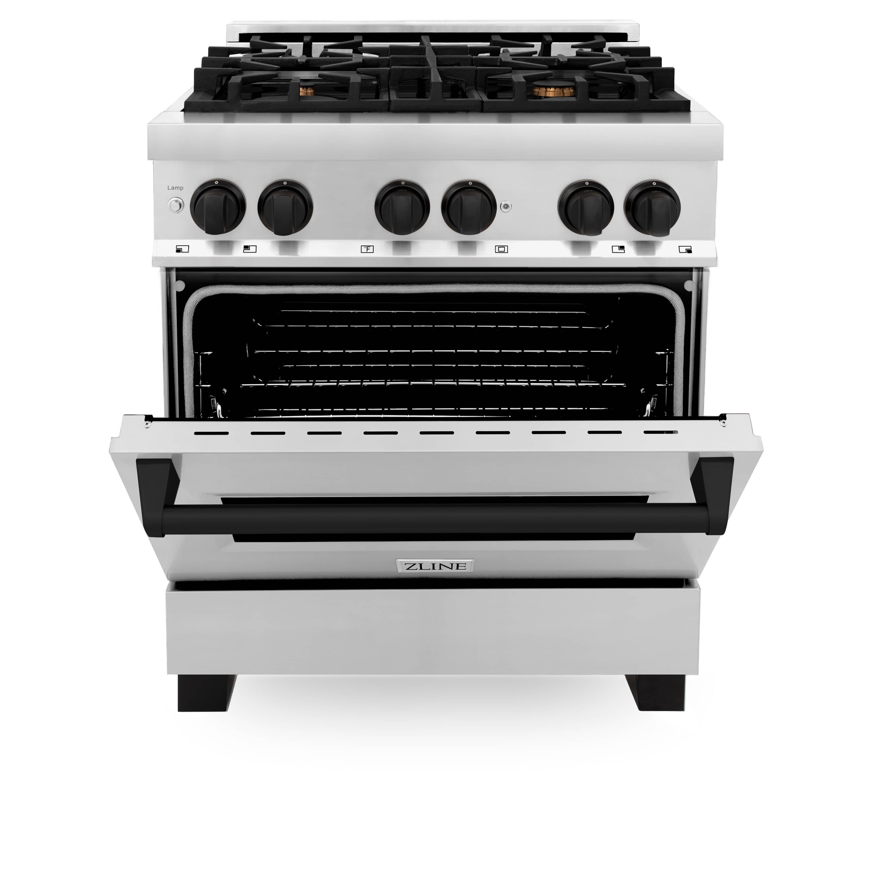 Dual fuel range with stainless front and matte black control knobs and burners