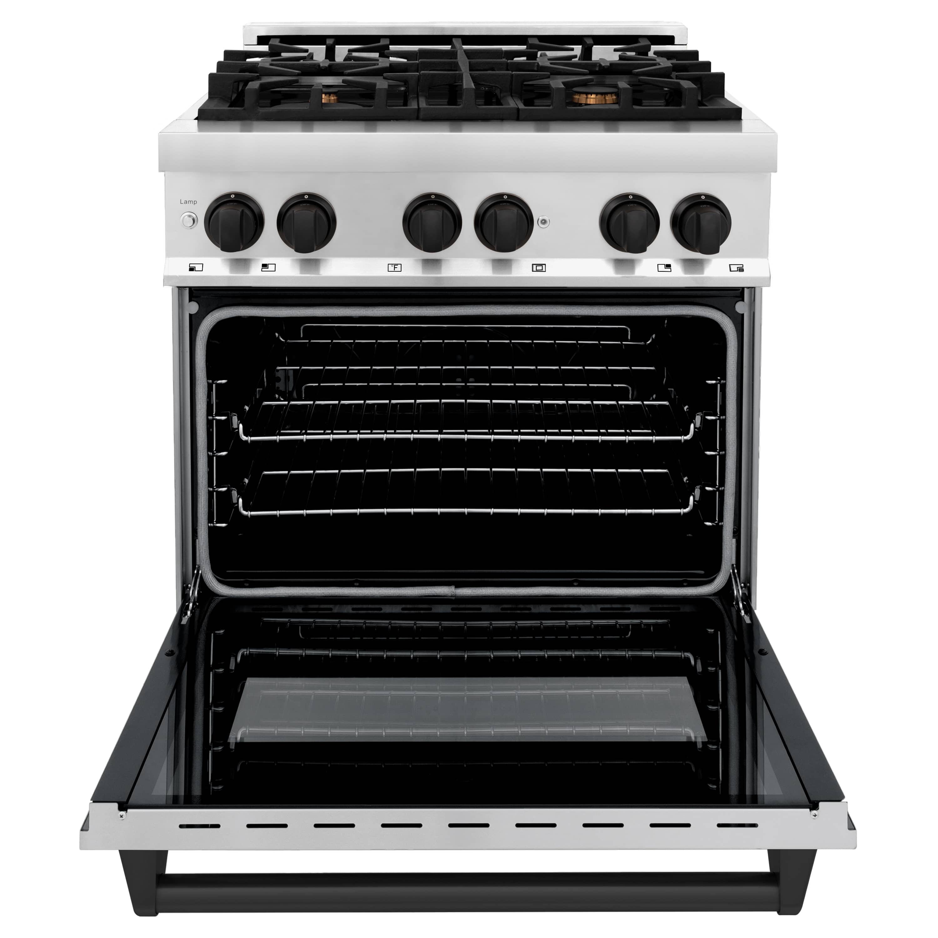 Dual fuel range with open oven door showing wire rack inside