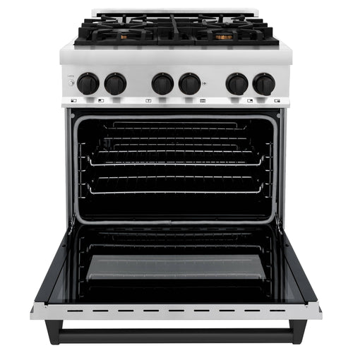 White dual fuel range with open oven cavity and black wire racks