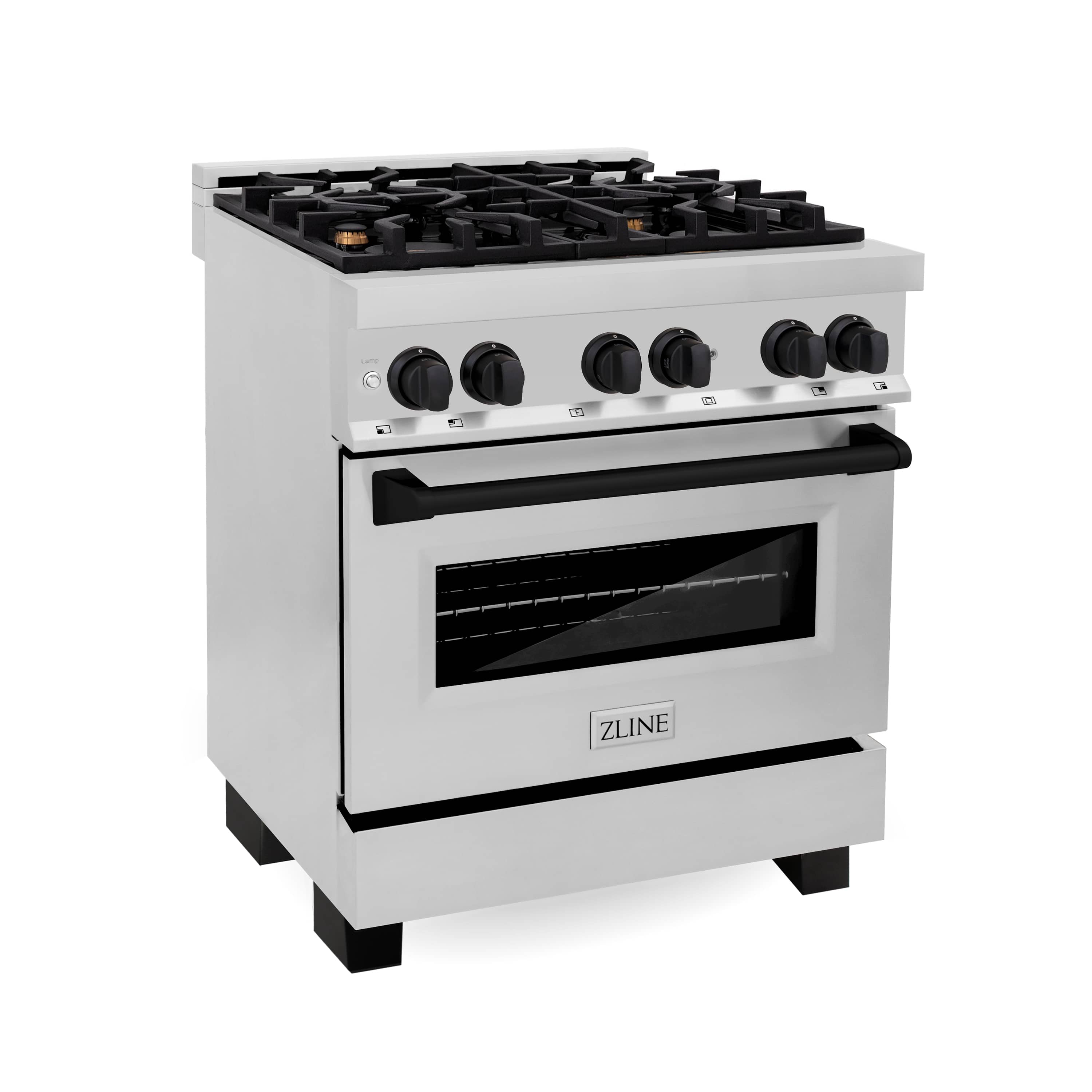 Dual fuel range in stainless with matte black burner grates and control knobs