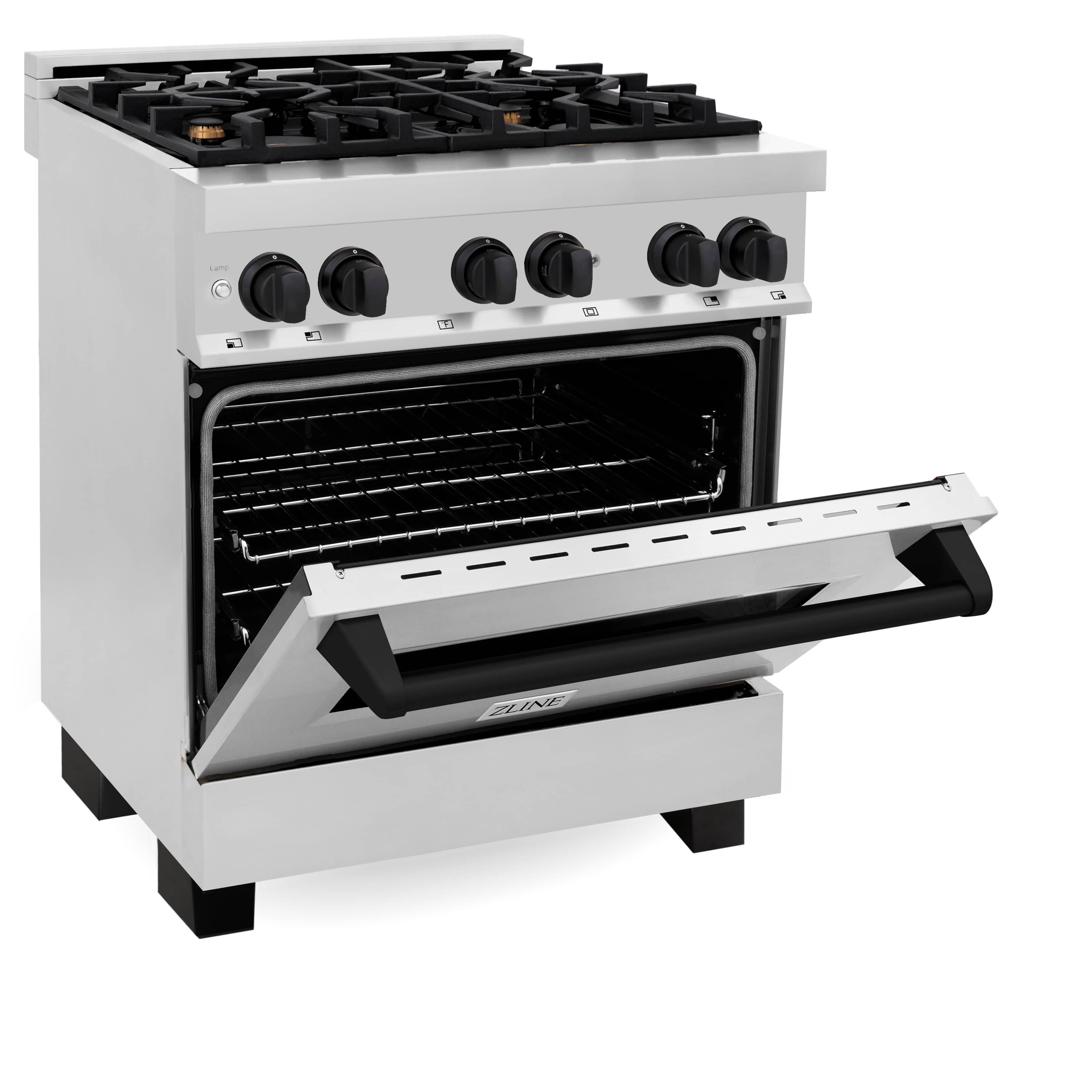 Dual fuel range with open oven door and wire rack, stainless exterior