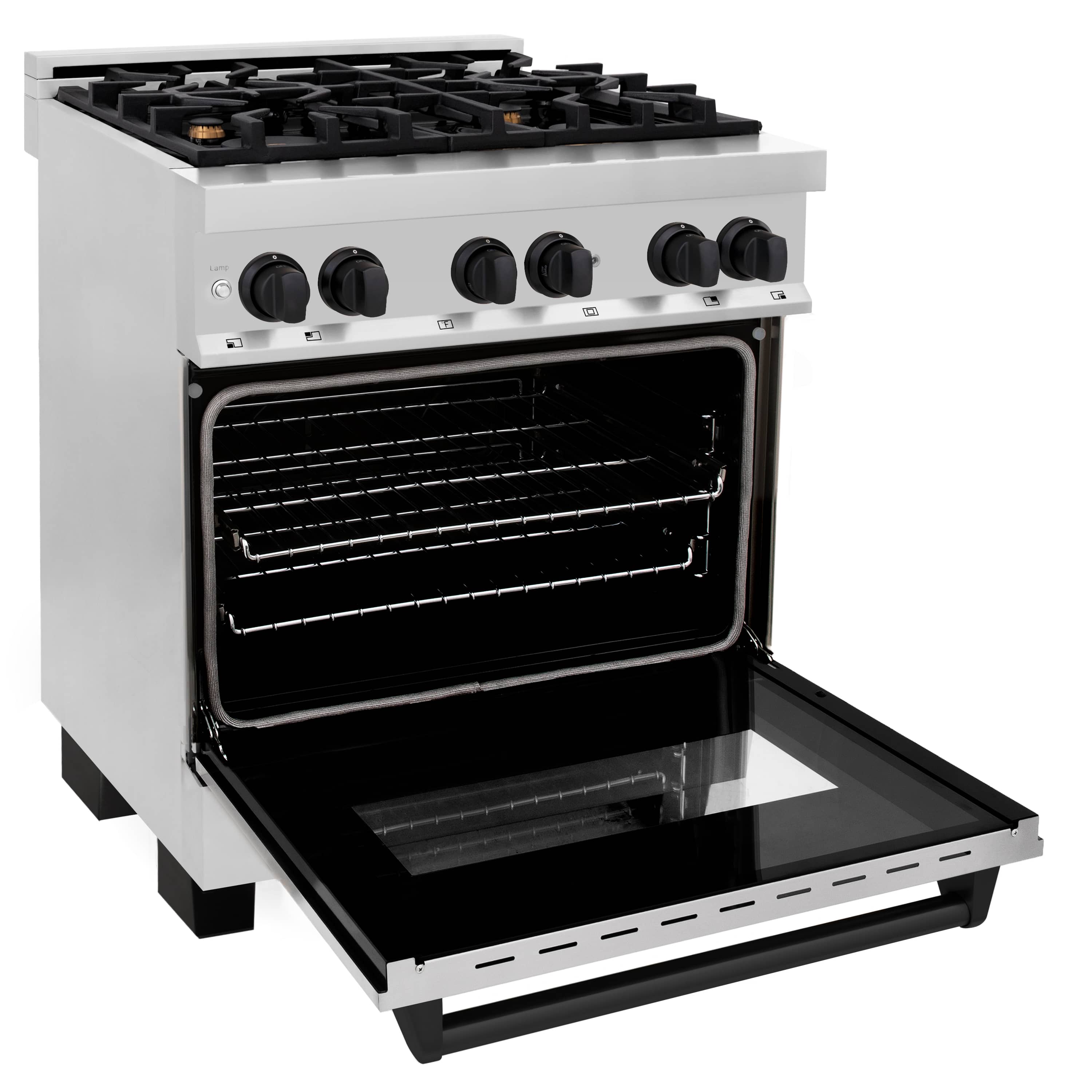 Dual fuel range with open oven door and lower baking tray, stainless exterior