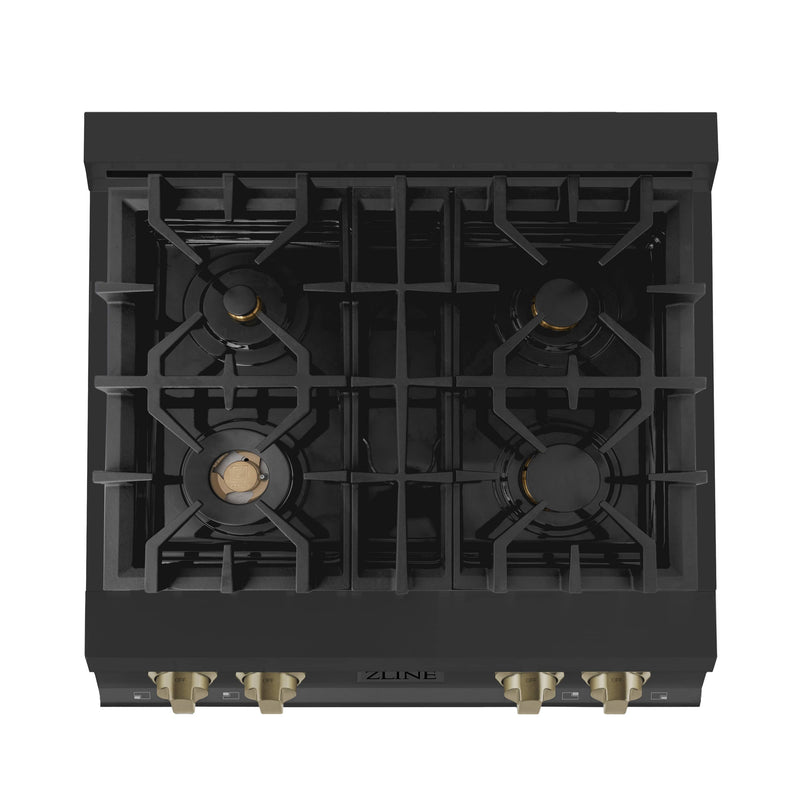 ZLINE Autograph Edition 30-Inch Porcelain Rangetop with 4 Gas Burners in Black Stainless Steel and Champagne Bronze Accents (RTBZ-30-CB)