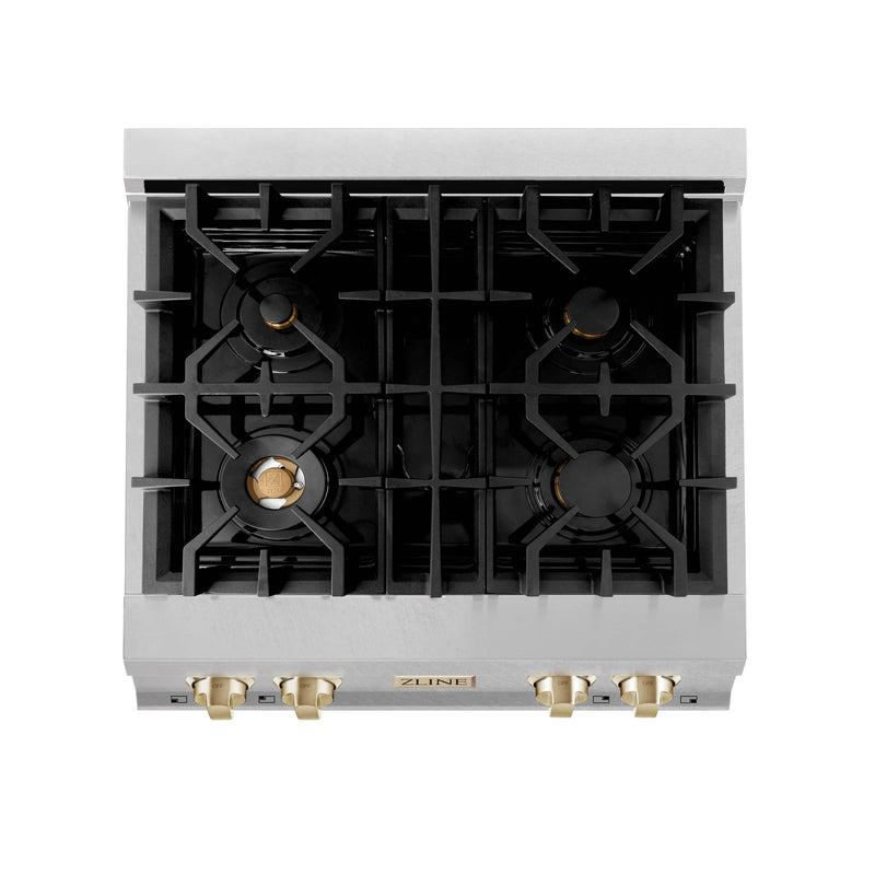 ZLINE Autograph Edition 30-Inch Porcelain Rangetop with 4 Gas Burners in DuraSnow® Stainless Steel and Gold Accents (RTSZ-30-G)
