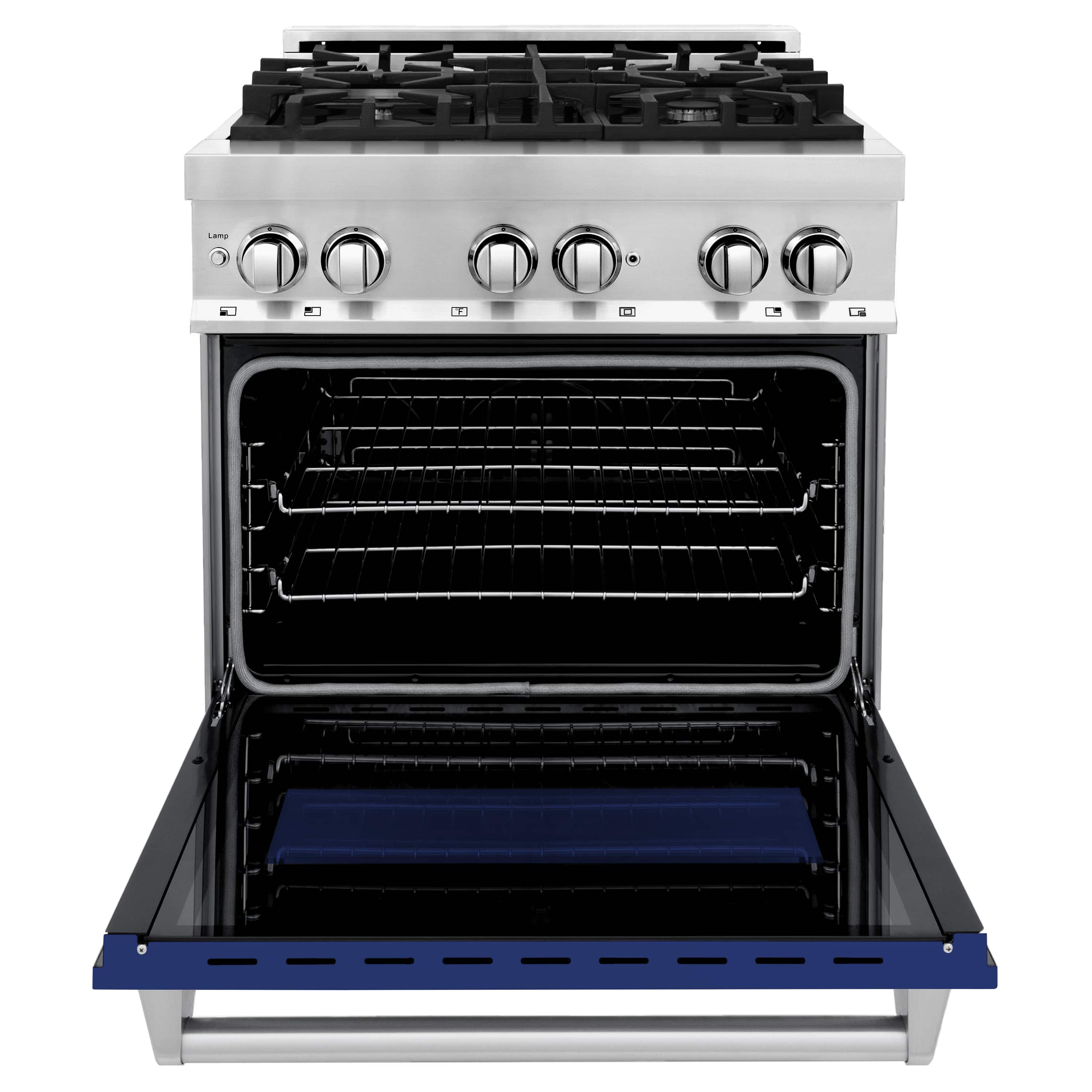 Dual fuel range oven interior with racks and blue broiler drawer