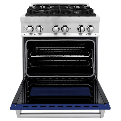 ZLINE dual fuel range with open oven door, blue oven base, and stainless frame