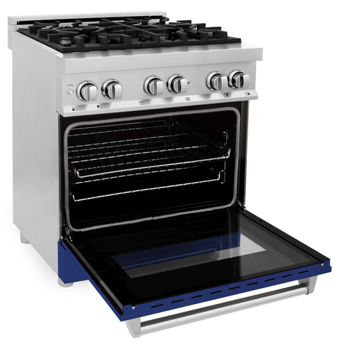 ZLINE dual fuel range with open oven and blue lower compartment, stainless sides
