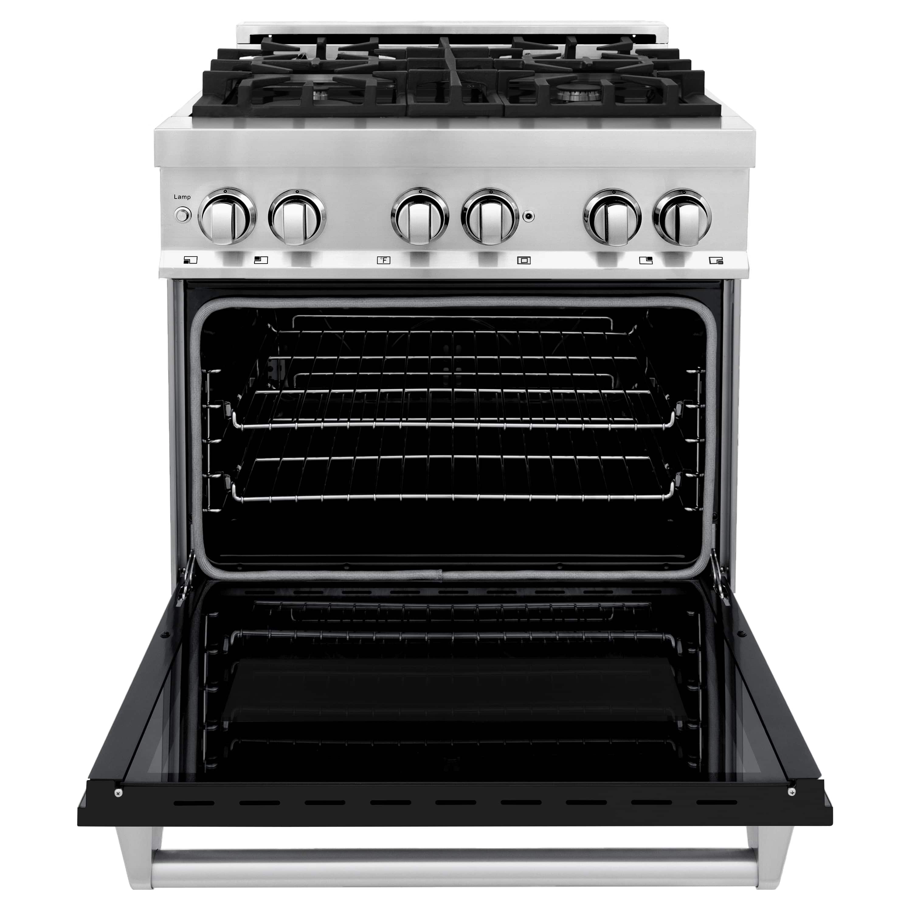 Oven door open showing racks and interior cavity of the range
