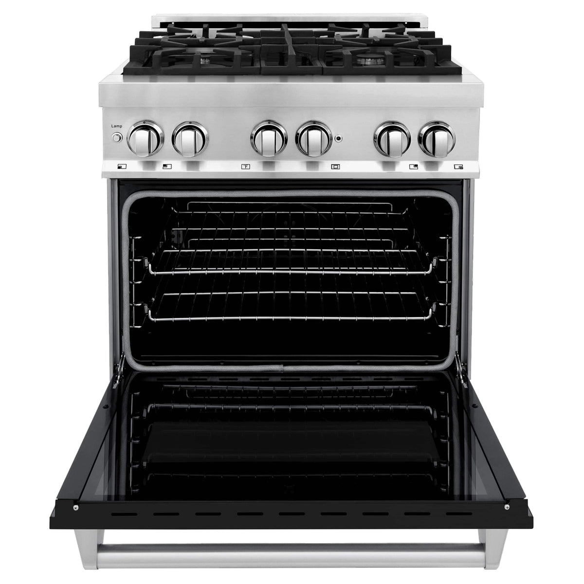 ZLINE dual fuel range with open oven door, stainless frame, black oven interior