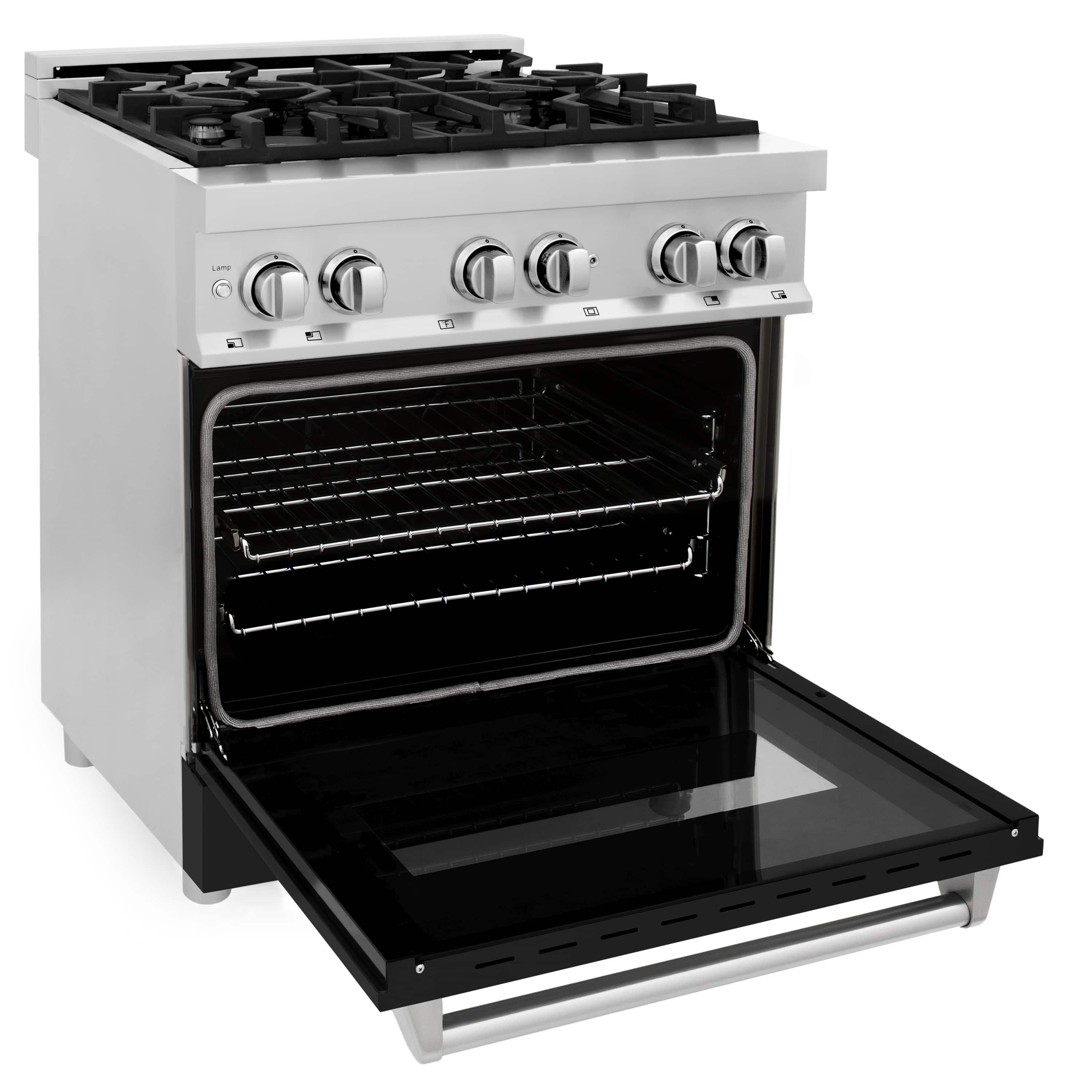 ZLINE dual fuel range with open oven door, racks visible, and 5-burner cooktop