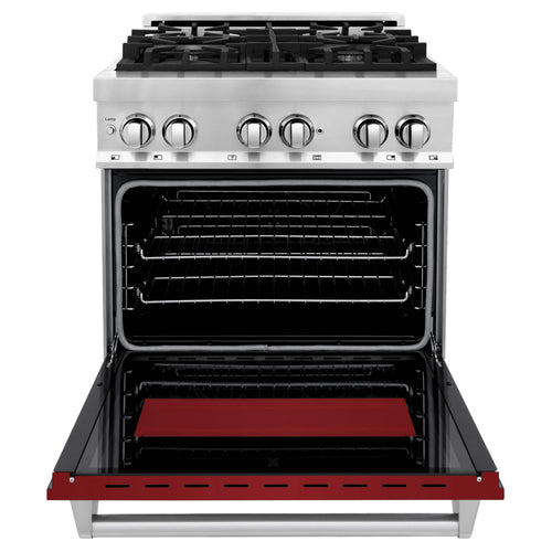 Dual fuel range with open oven door showing black racks and red bottom panel