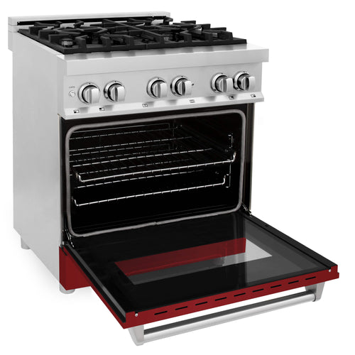 ZLINE 2-Piece Appliance Package - 30-inch Dual Fuel Range with Red Gloss Door and Convertible Vent Range Hood in Stainless Steel (2KP-RARGRH30)