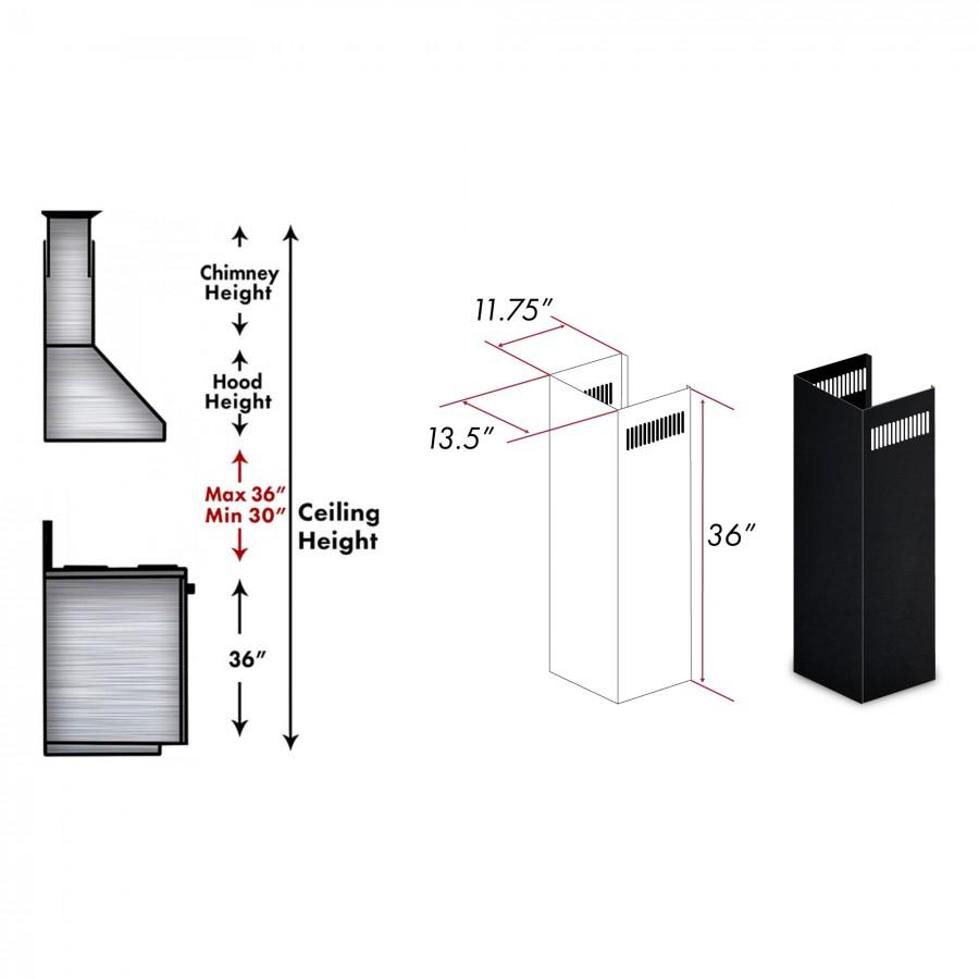 Black stainless steel chimney extension duct, 36-inch tall rectangular section for range hood