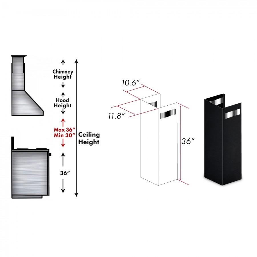 Black stainless steel chimney extension with vented sides, shown with height dimensions.