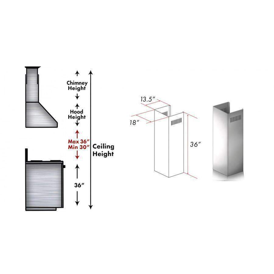 Stainless steel chimney extension flue section with vented rectangular duct
