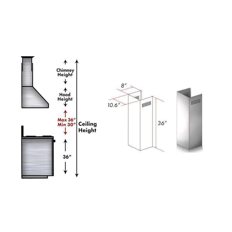 Vented stainless steel chimney extension with height dimensions diagram
