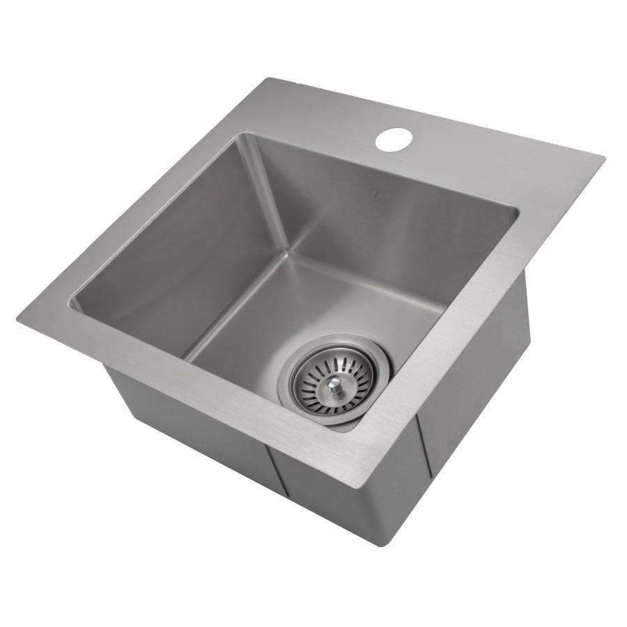 Stainless steel single-bowl topmount kitchen sink angled view with drain strainer.