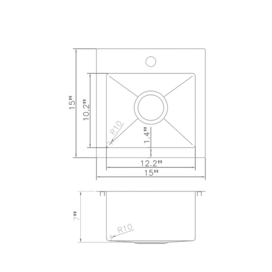 15 in topmount single-bowl sink dimensions diagram with drain and cutout measurements.