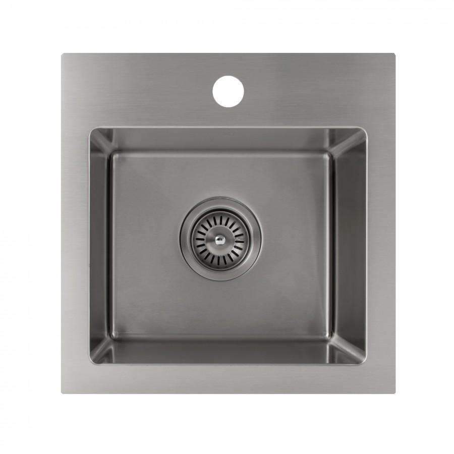 Stainless steel single-bowl topmount kitchen sink front view with drain strainer.