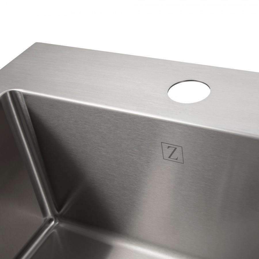 Stainless steel topmount single-bowl kitchen sink with front bowl corner and ZLINE logo.