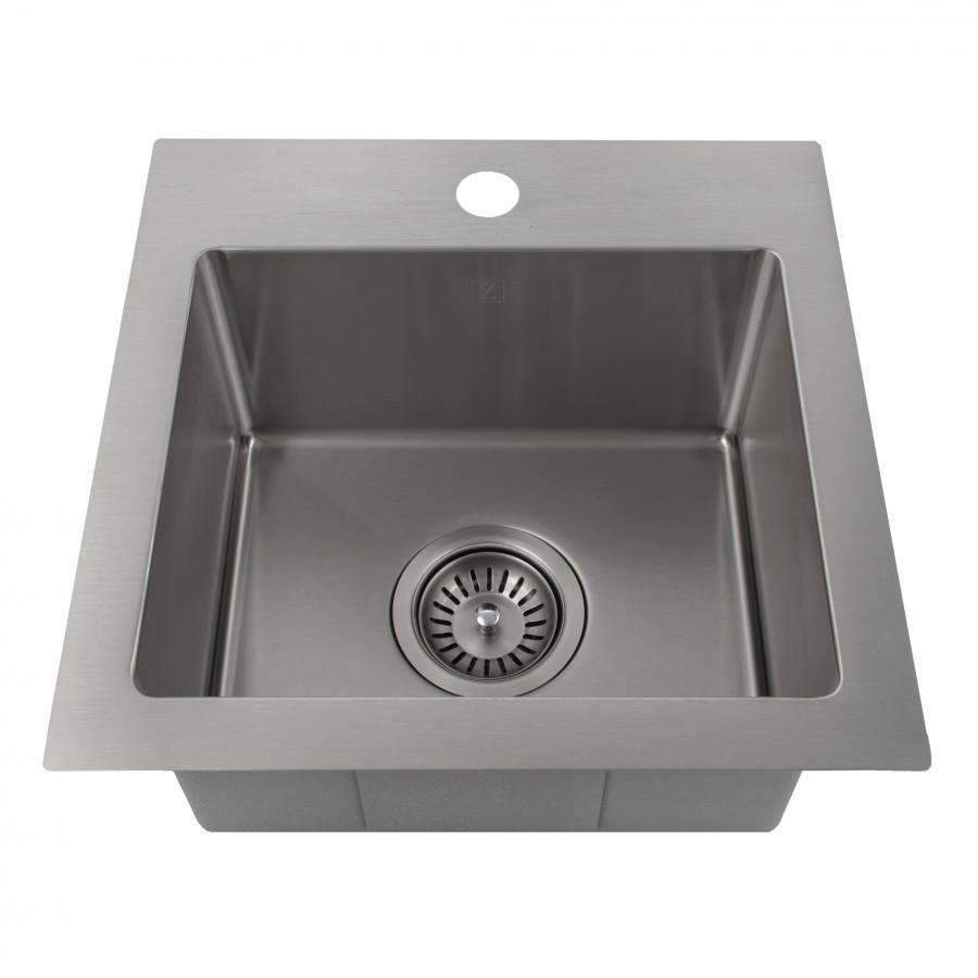 Stainless steel topmount single-bowl kitchen sink angled view with central drain.