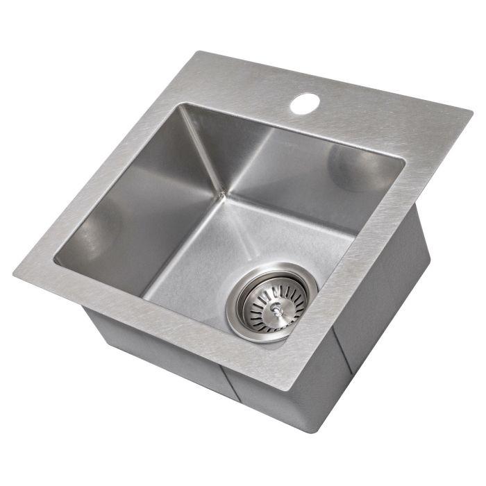 Brushed stainless steel single-bowl sink corner view with round drain
