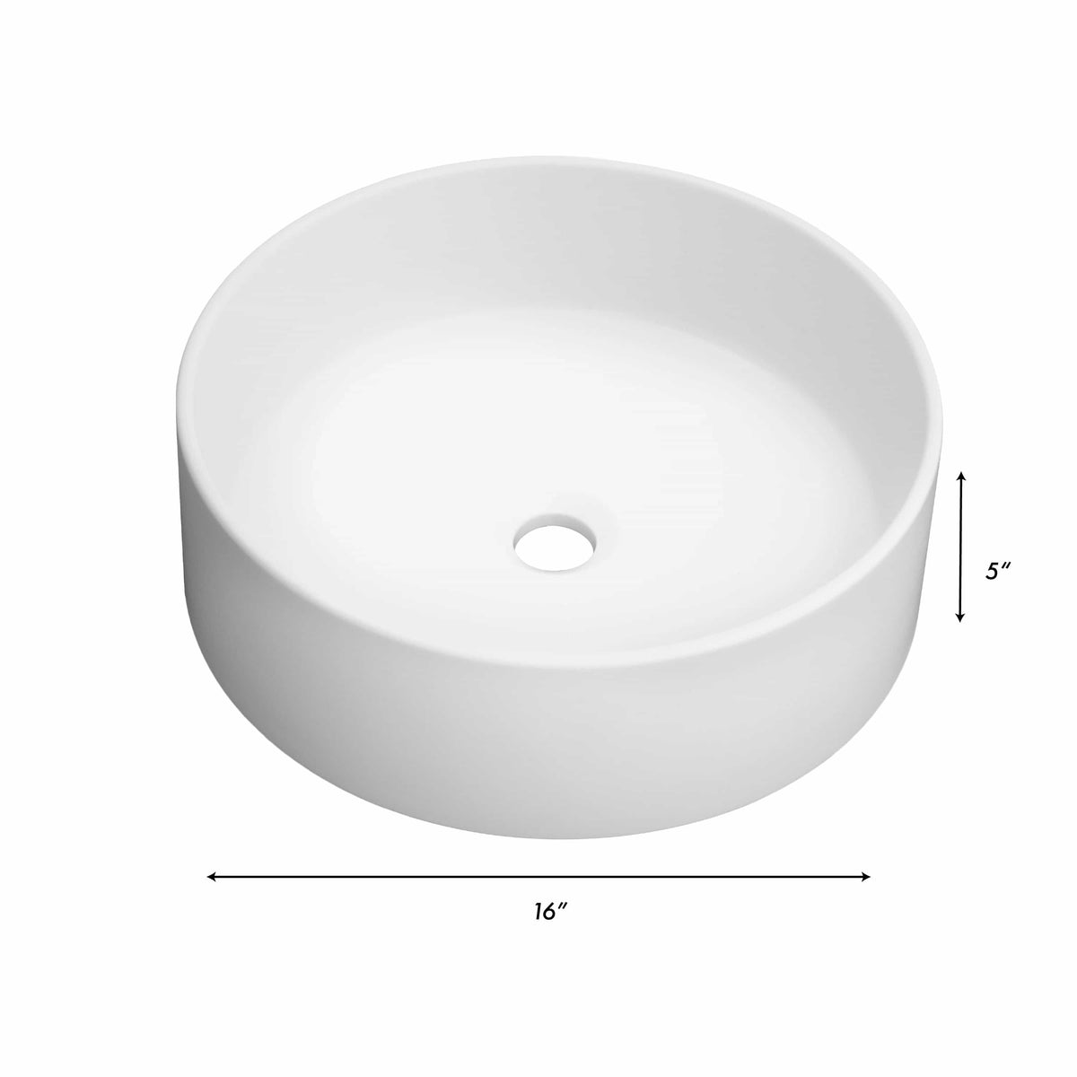 Matte white round vessel sink with centered drain hole, 16 in diameter, 5 in height