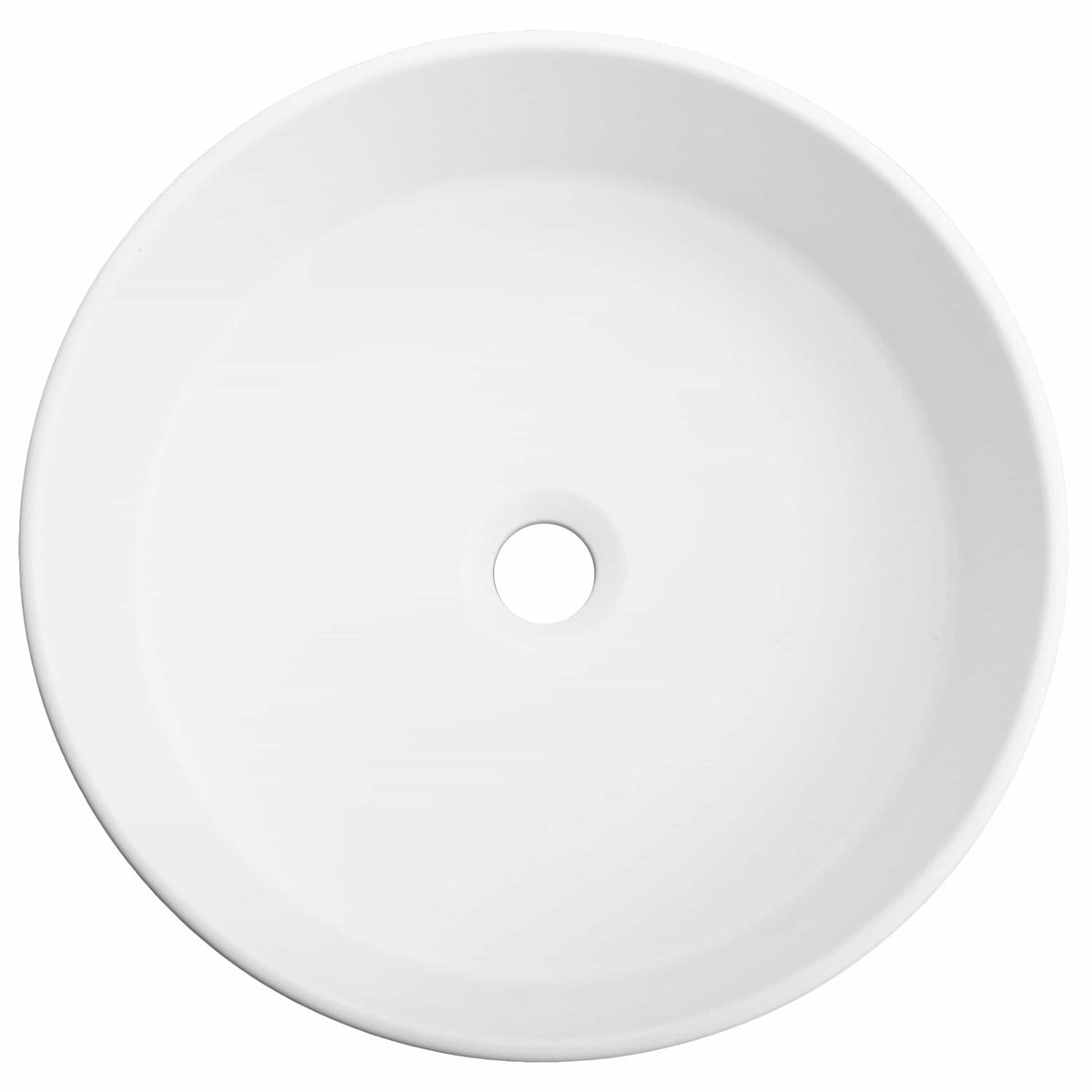 Matte white round vessel bath sink with centered drain hole, top view