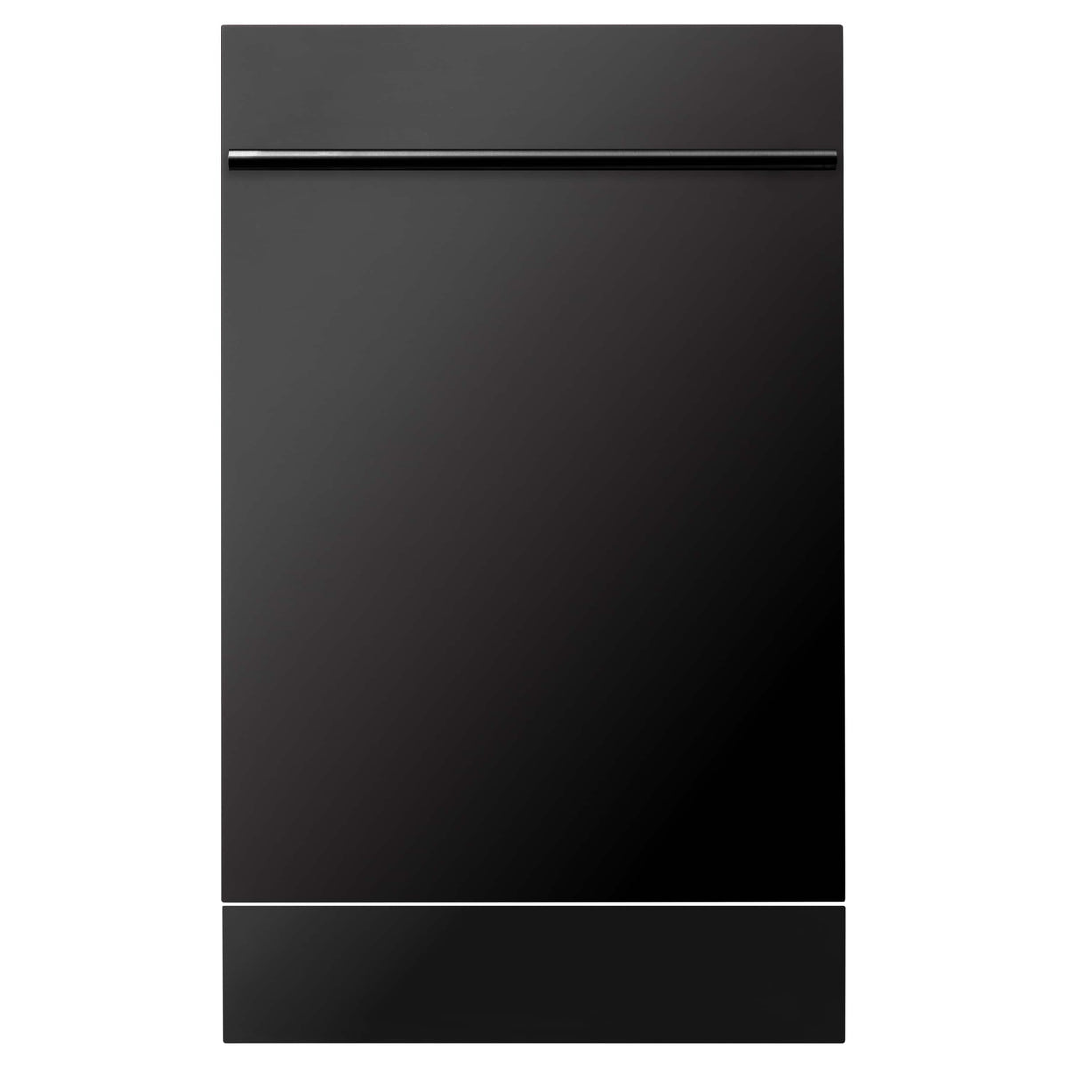 Compact black stainless steel dishwasher front with horizontal modern handle