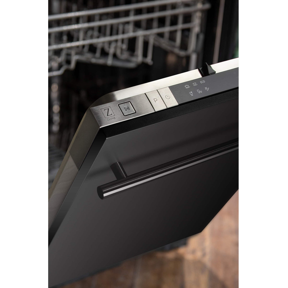 ZLINE dishwasher stainless control panel with program buttons and ECO icon