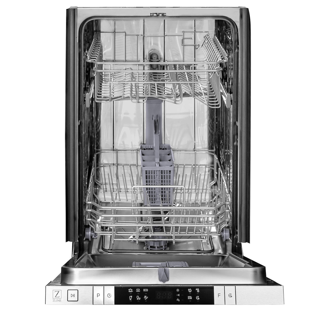 Dishwasher interior with lower rack and utensil holders, door open