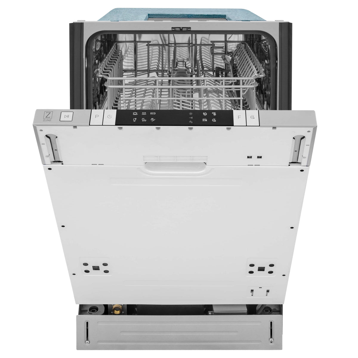 Dishwasher with open door showing racks and stainless control panel