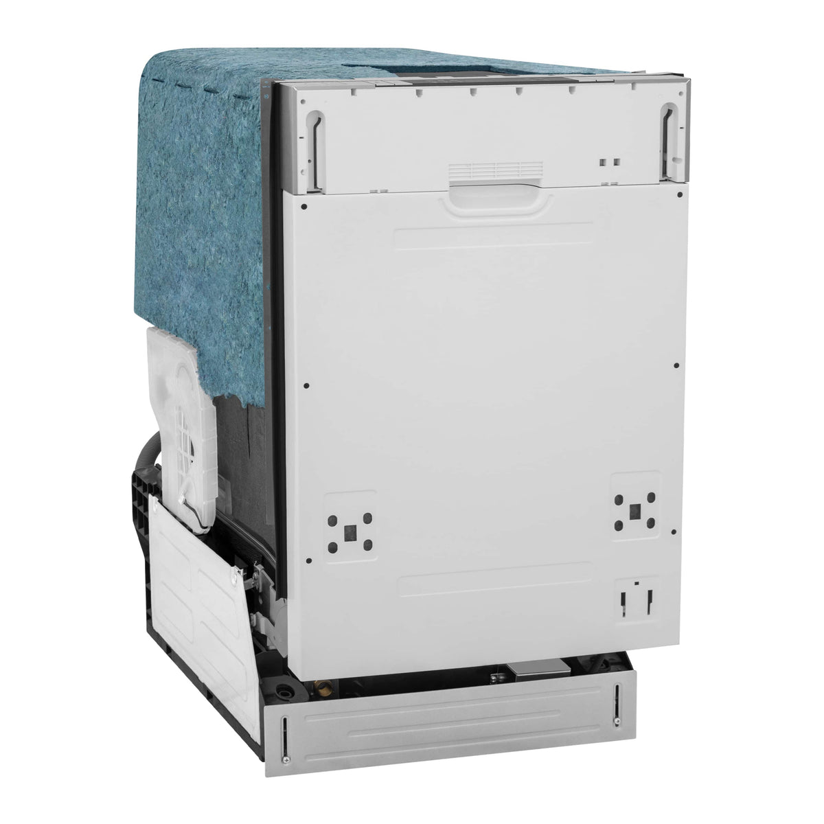 Compact dishwasher with open door showing white interior tub panels