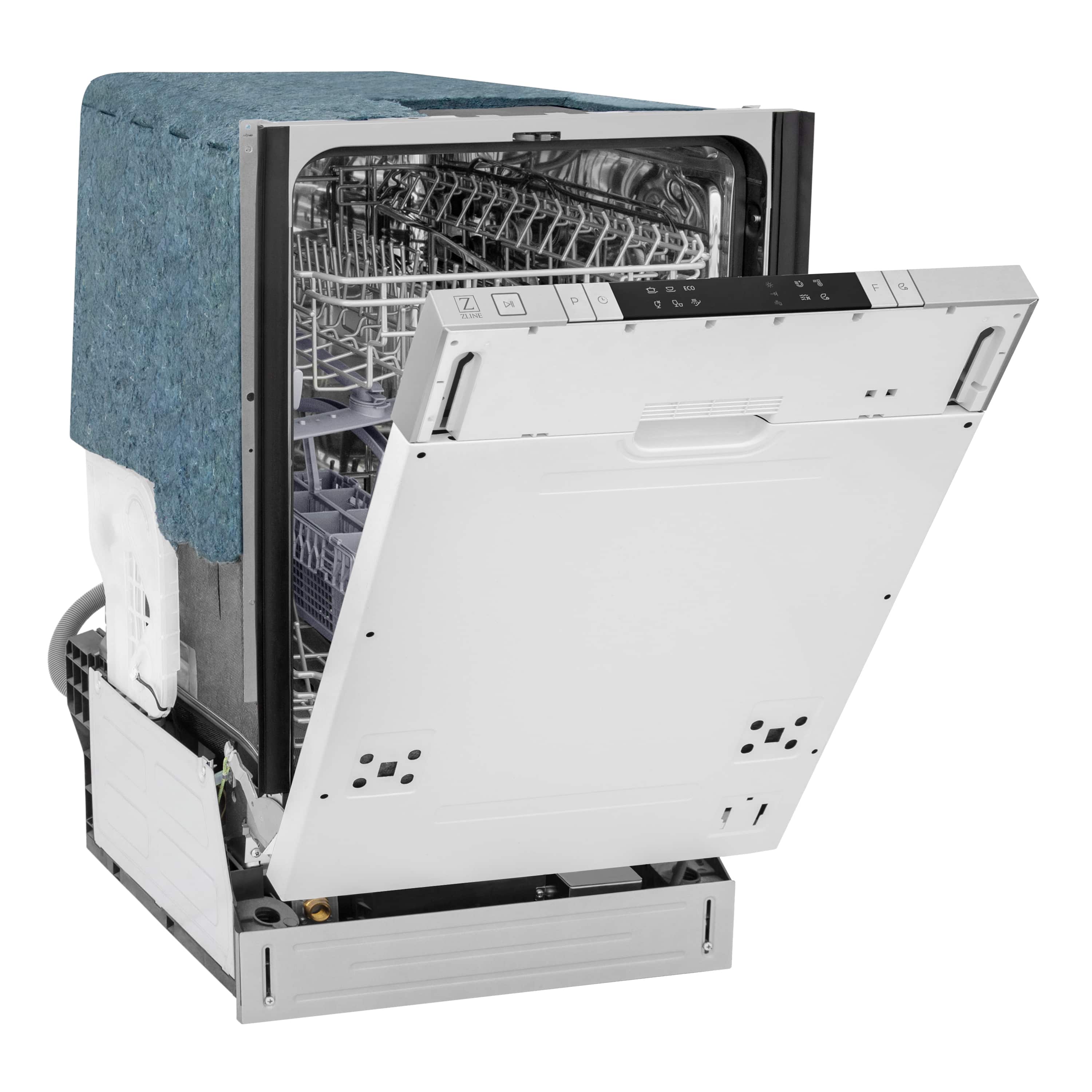 Dishwasher with open door showing interior racks and stainless tub liner