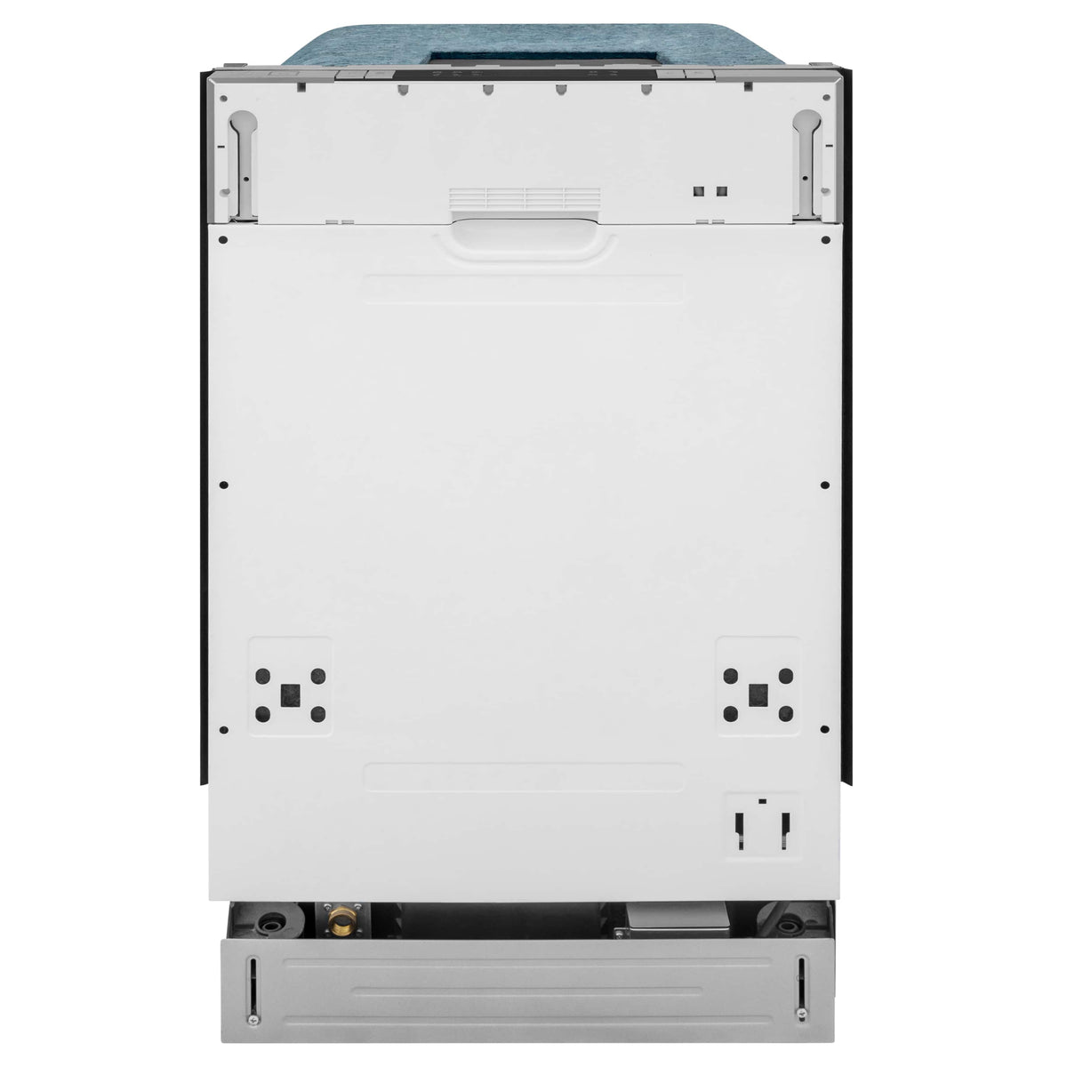 Compact dishwasher with open door showing white interior and base components