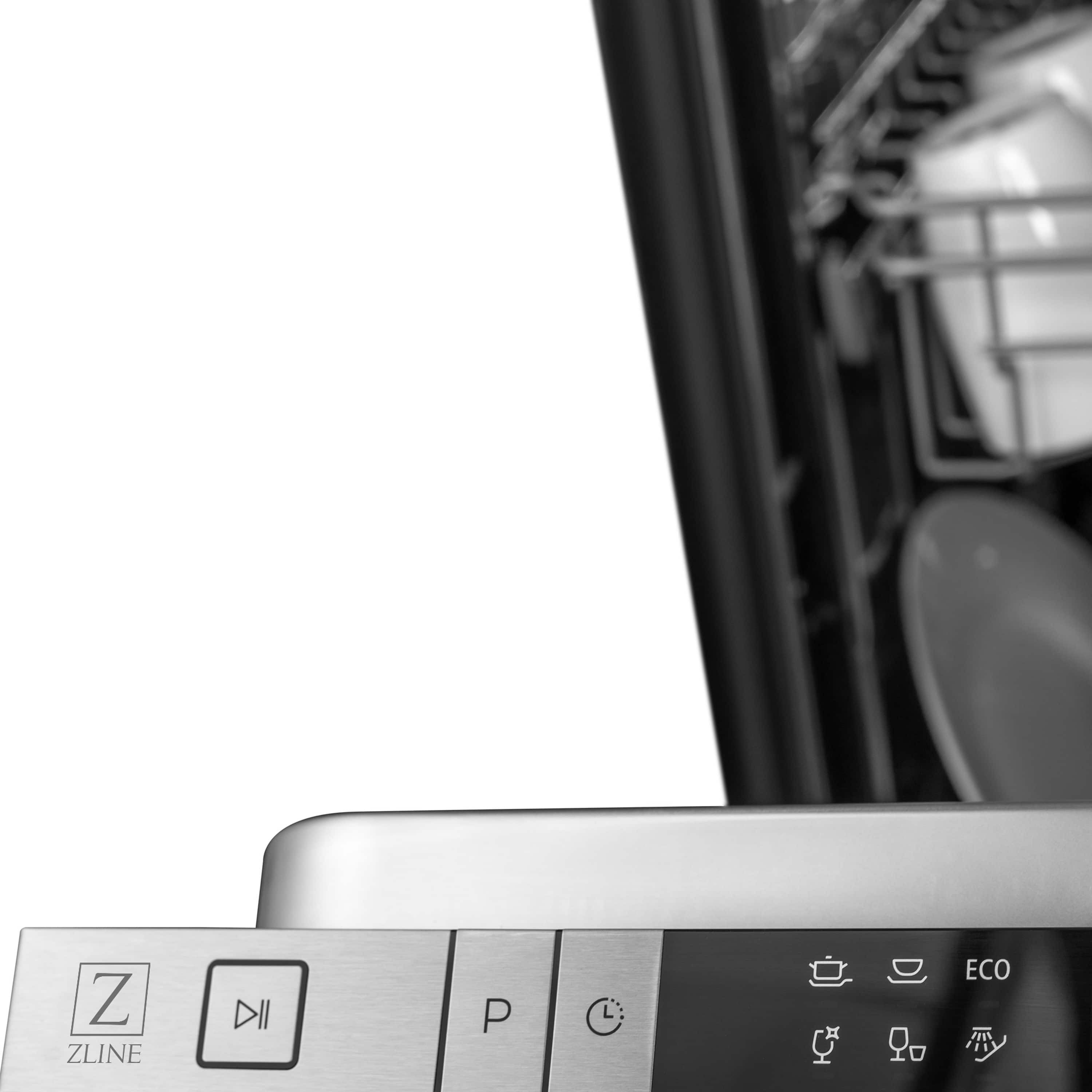 ZLINE black stainless steel dishwasher control panel with touch buttons and icons
