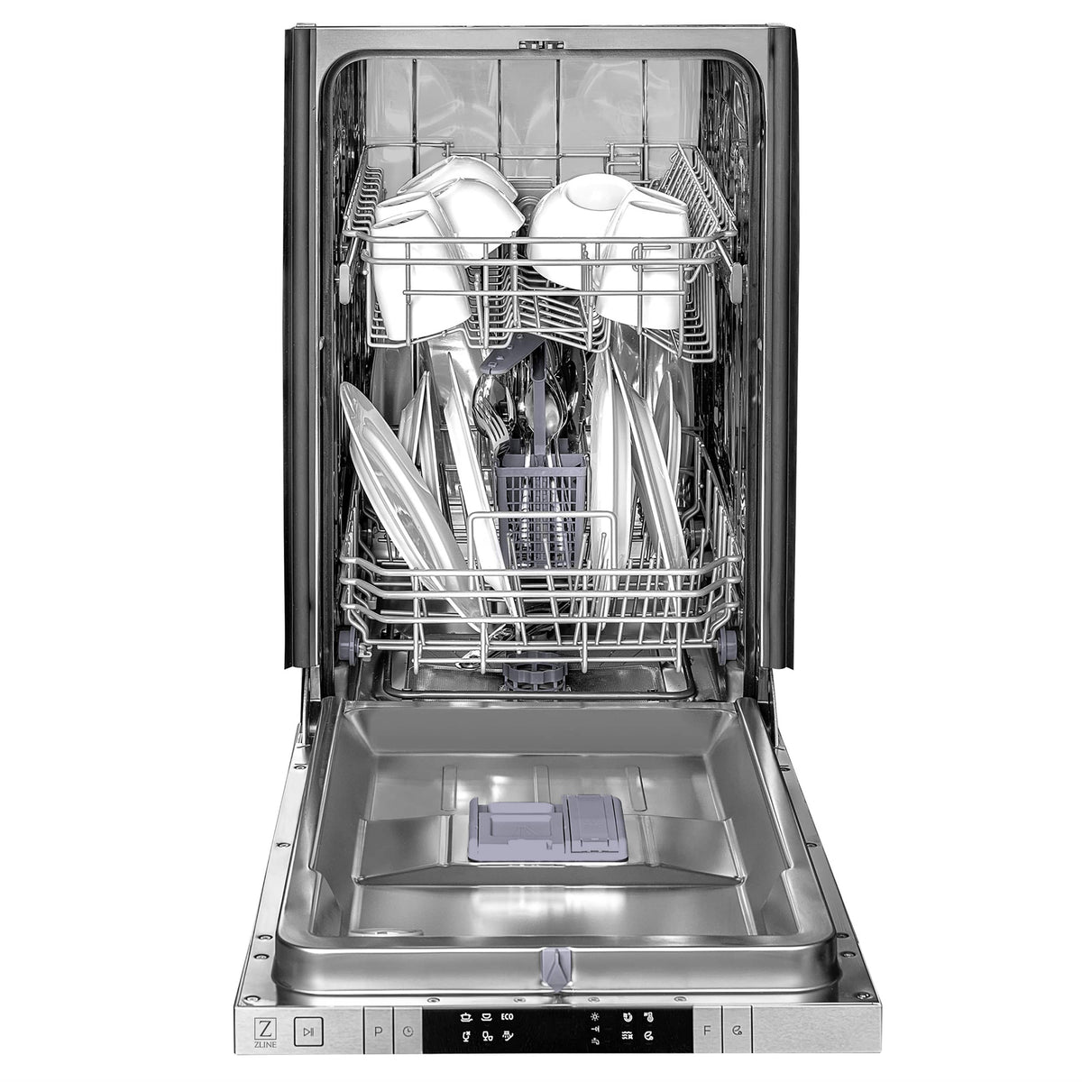 Dishwasher interior with top rack and silver spray arms, door open