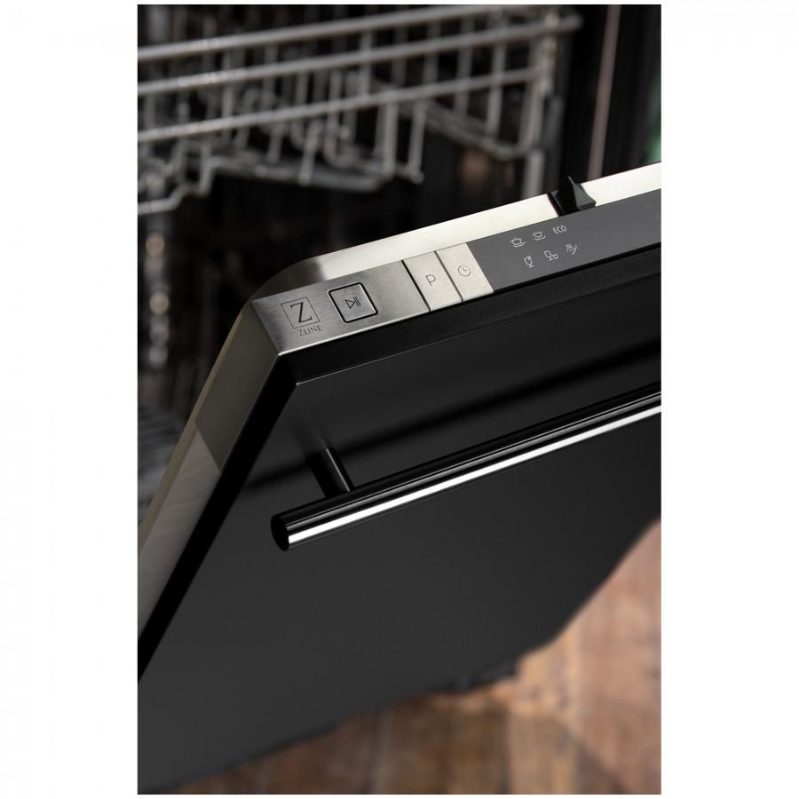 Close-up of black dishwasher door control buttons and stainless steel handle