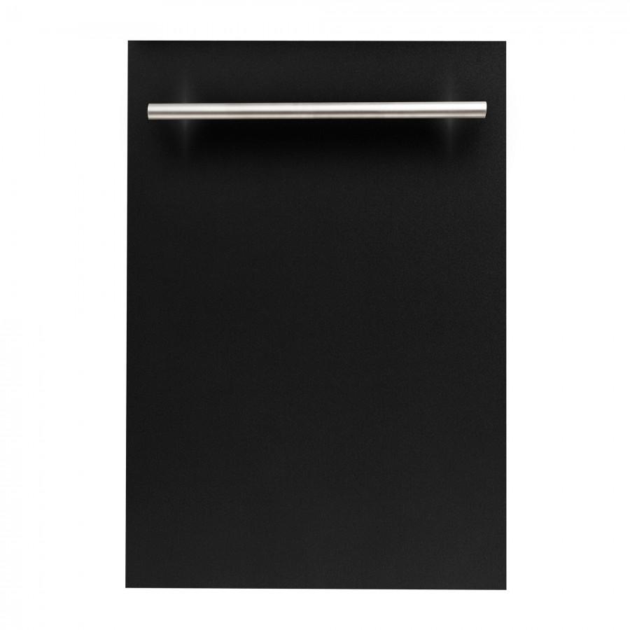 Black matte dishwasher door panel with stainless steel handle
