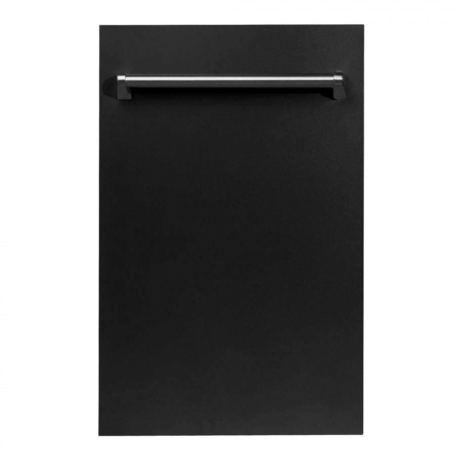 Black matte dishwasher door with traditional stainless steel handle