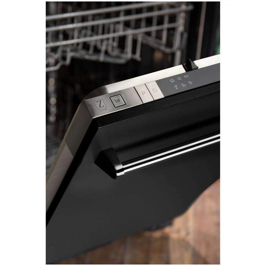 Black dishwasher door with stainless handle and control button panel