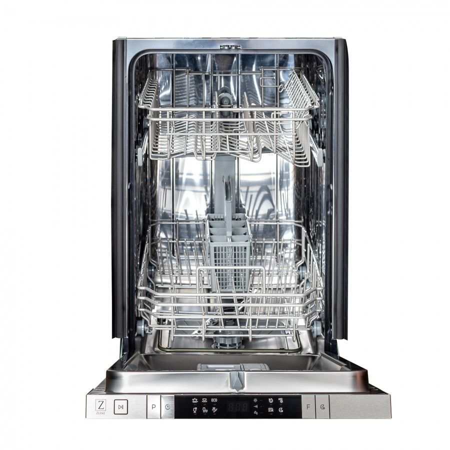 ZLINE 18-inch dishwasher front view with open door and stacked interior racks