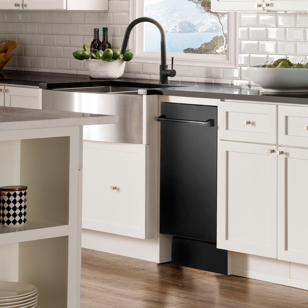 ZLINE 18-inch black stainless dishwasher with door open and traditional handle