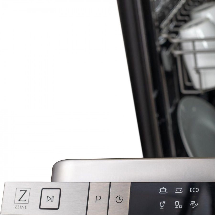 ZLINE 18-inch dishwasher control buttons on black panel near open door