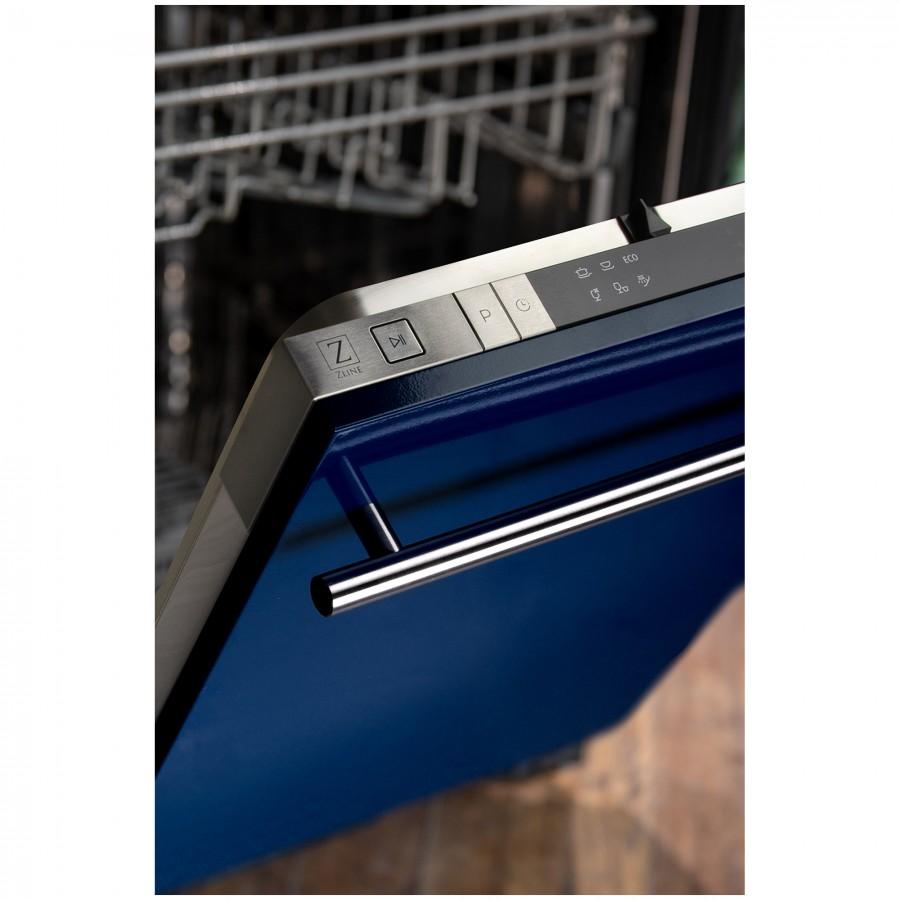 Dishwasher control panel corner with blue door panel and stainless handle bar