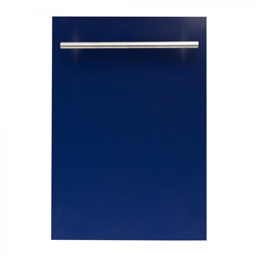 Blue glossy dishwasher door panel with stainless steel handle bar
