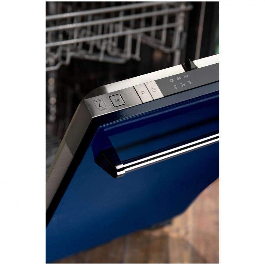 Dishwasher control panel on blue gloss front with stainless trim