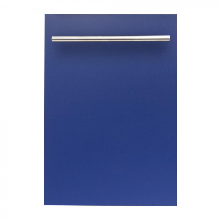 Blue matte dishwasher door panel with stainless steel bar handle